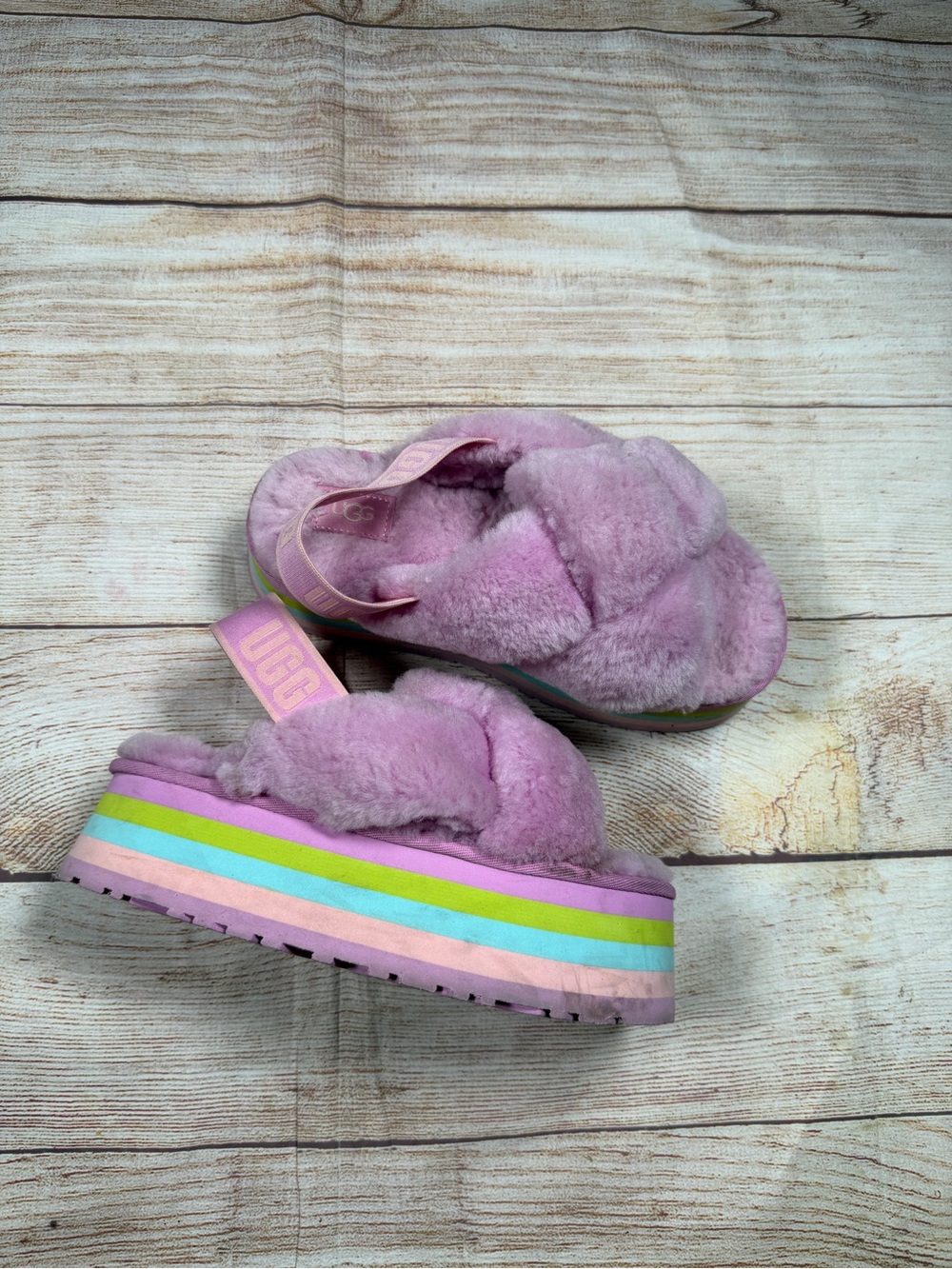 UGG Disco Knot Slide Platform Slipper in Lavender Rainbow Striped Sole